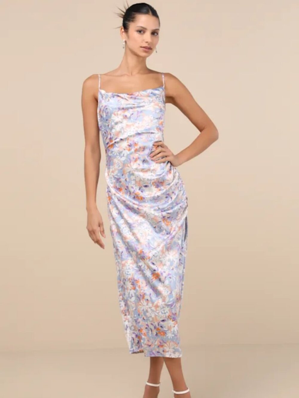 Lulus Blu Trruest Romance Slate Floral Print Sleeveless Ruched Midi Dress NWT